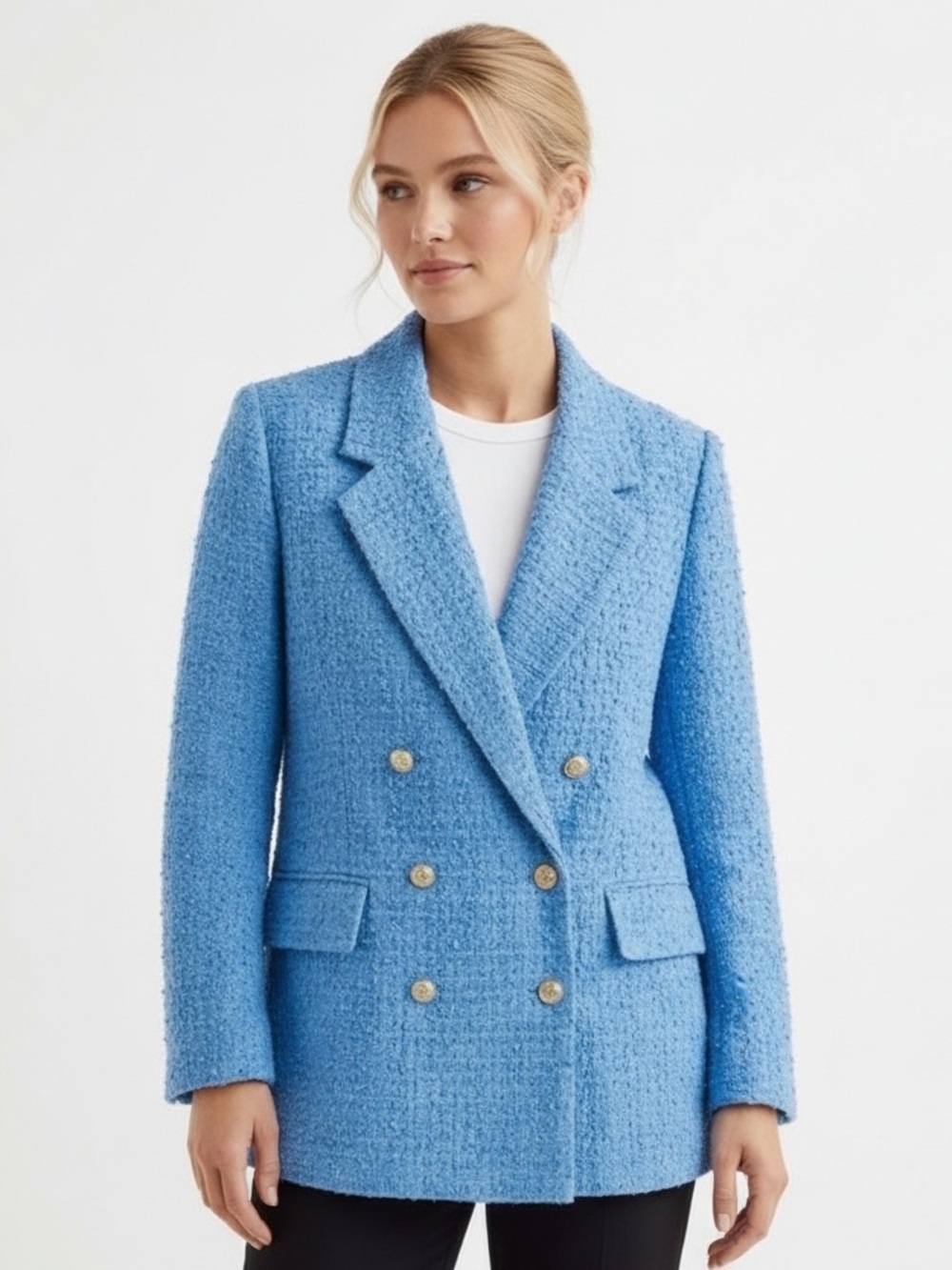 Women's Blue H & M Tweed Double-Breasted Jacket Size Small